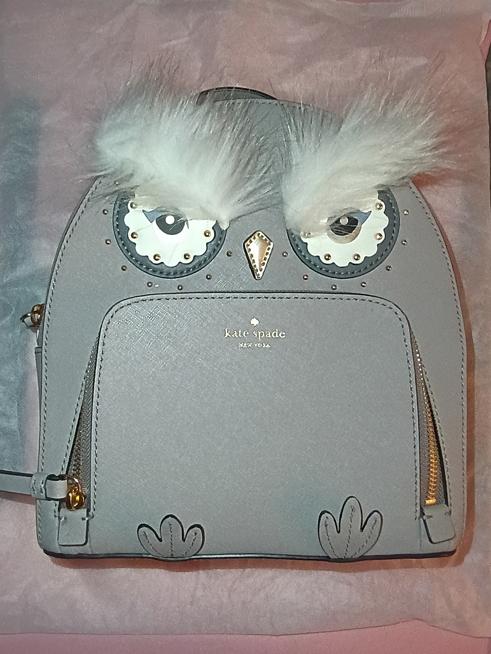 KATE SPADE Light Gray Owl Appliqué Backpack Bag EUC